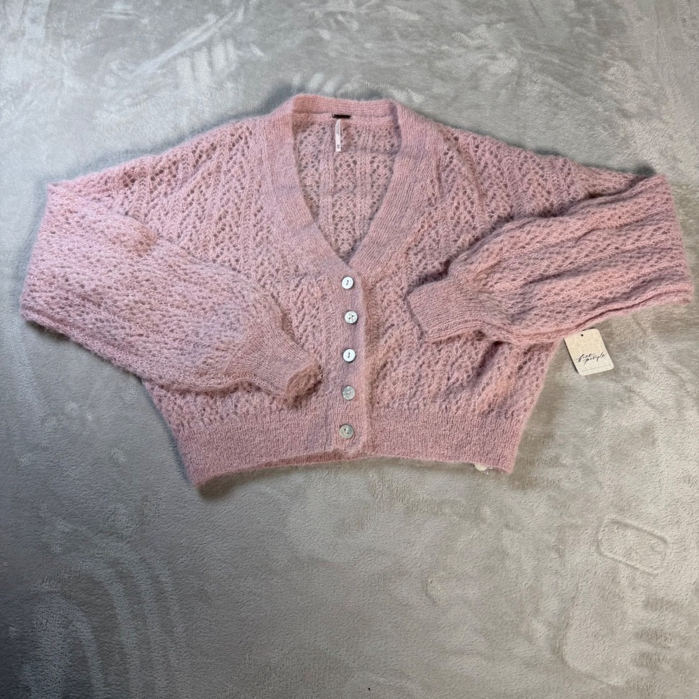 Free People Cardigan Open Knit Pointelle Women XS Mauve Pink Alpaca Sweater